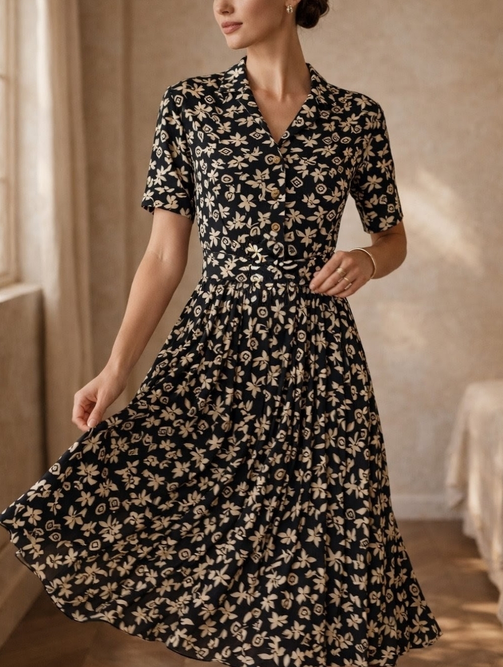 VTG 80s Stuart Alan Floral and Geometric Midi Dress Cottagecore Secretary Belted